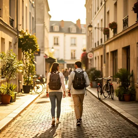 Warm editorial photo of two people walking through a charming Nantes neighborhood, soft golden light, authentic local atmosphere, cobblestone street, relaxed travel mood, high resolution, shallow depth of field