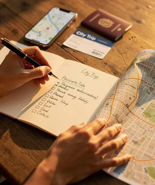 Close-up editorial photo of hands preparing a city trip plan, notebook and map on a wooden table, warm golden light, calm travel planning mood, refined and minimal composition, high resolution, shallow depth of field