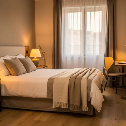 Warm editorial photo of a boutique hotel room in Nantes, cozy lighting, elegant bedding, soft neutral tones, refined atmosphere, travel magazine style, high resolution, shallow depth of field