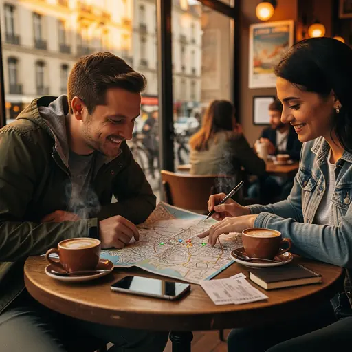 Candid travel scene in Nantes: a couple planning a weekend at a table with city map and coffee, warm evening light, authentic and friendly mood, travel magazine photography style, high resolution