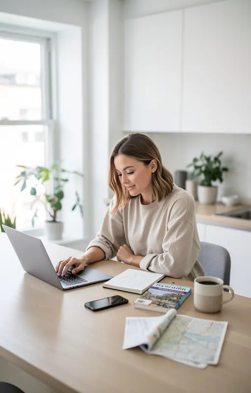 Editorial lifestyle photo of a woman planning a weekend trip in a modern kitchen or apartment, soft natural daylight, minimal neutral tones, calm atmosphere, travel planning mood, high resolution, shallow depth of field