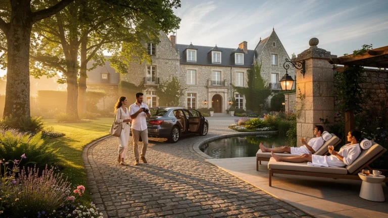Vue hyperréaliste du Domaine de la Bretesche à l’arrivée matinale et détente en fin d’après-midi au spa