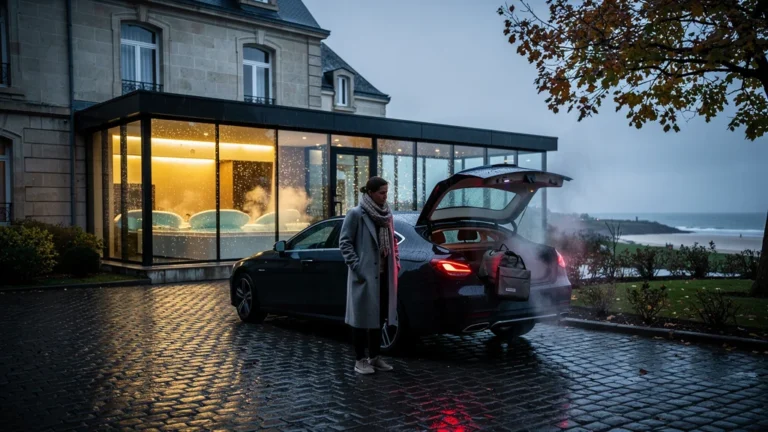 Arrivée hors saison à un hôtel-spa de Pornic, ambiance calme et mélancolique avec lumière douce et pluie légère