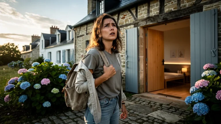 Femme stressée arrivant à un week-end bien-être à Guérande, prête à une transformation apaisante