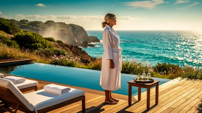 Femme contemplant un spa thalasso côtier en été, lumière dorée et ambiance relaxante sur la mer turquoise