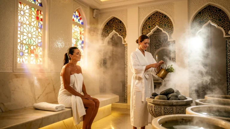 Intérieur hyper-réaliste d’un hammam luxueux d’hôtel spa à Pornichet avec vapeur et lumière tamisée