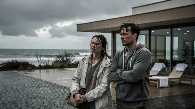 Couple déçu devant une thalasso sur la côte nantaise en semaine sous un ciel gris et pluie légère