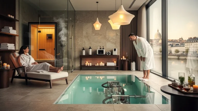 Vue hyperréaliste d'un spa d'hôtel 4 étoiles à Nantes avec ambiance luxueuse et détails techniques