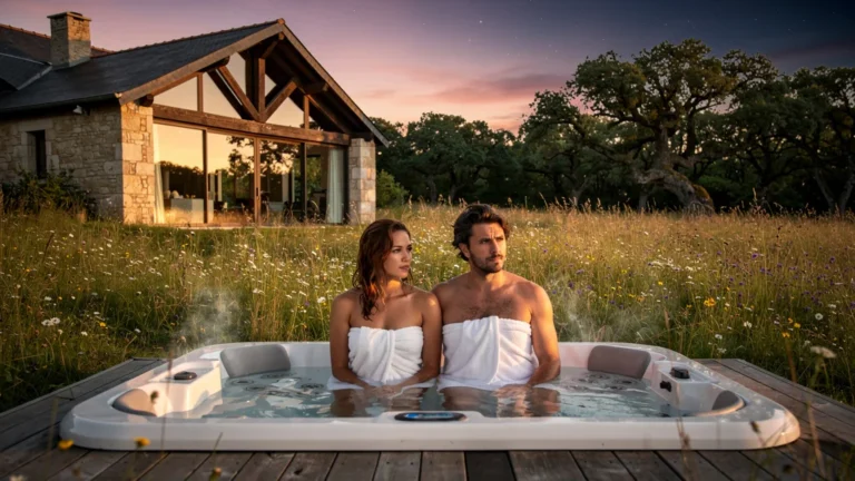 Couple tendu dans un spa isolé en campagne nantaise au coucher du soleil, ambiance intime et contrastée