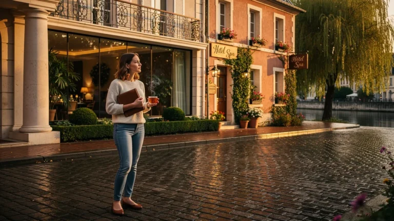 Femme hésitante devant deux hôtels-spa à Nantes, choisissant le plus modeste en ambiance chaleureuse