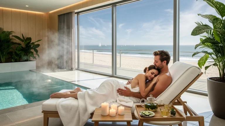 Couple en détente dans un spa luxueux à La Baule ou Pornichet pour un week-end romantique