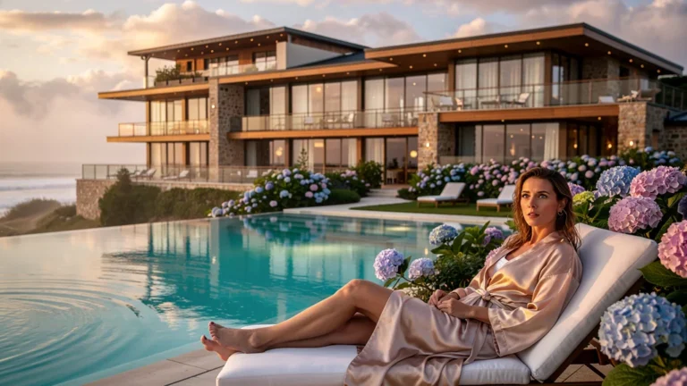 Hôtel-spa de luxe à Pornic avec piscine et femme contemplative en robe, ambiance calme et lumière dorée