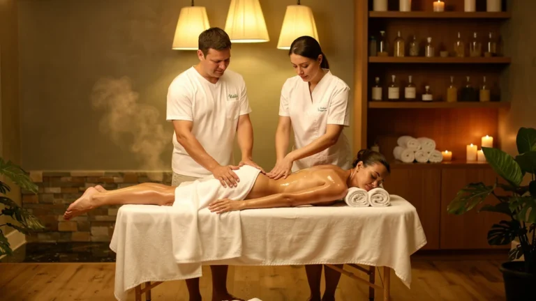 Une séance de soin à quatre mains illustrant la détente profonde et le lâcher-prise total en spa