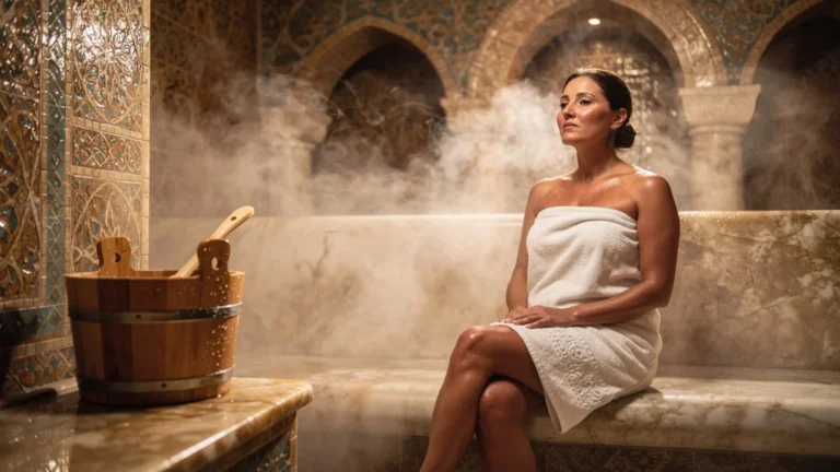 Femme détendue dans un hammam en Loire-Atlantique, vapeur enveloppante, ambiance chaleureuse et immersive