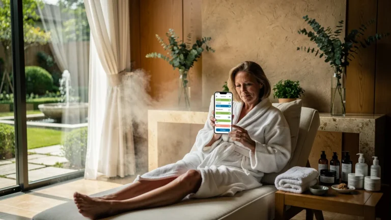 Femme réfléchissant aux horaires des soins dans un hôtel-spa local, ambiance calme et luxueuse