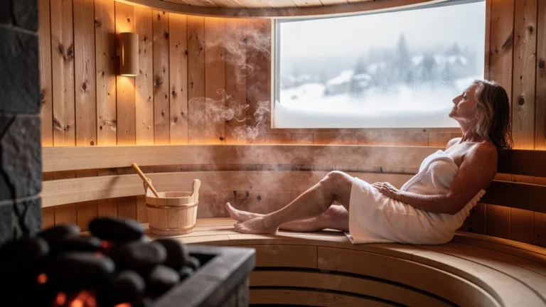Sauna d'hôtel à Mesquer cet hiver, ambiance chaleureuse et relaxante qui invite à abandonner son planning