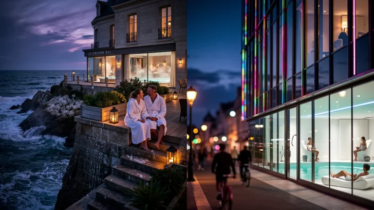 Vue réaliste comparant hôtels-spa du Croisic et de La Baule au bord de mer un samedi soir