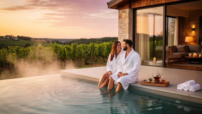Couple en spa dans un hôtel du sud Loire, détente romantique après cinq week-ends en hôtel-spa