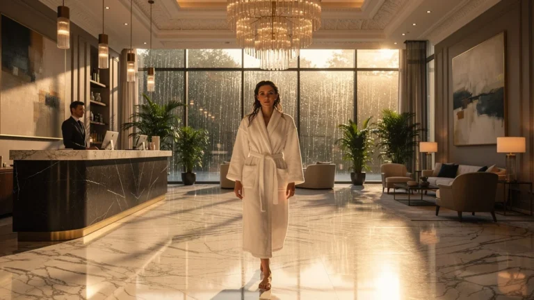 Femme en peignoir traversant un hall luxueux d'hôtel 4 étoiles à Nantes au matin