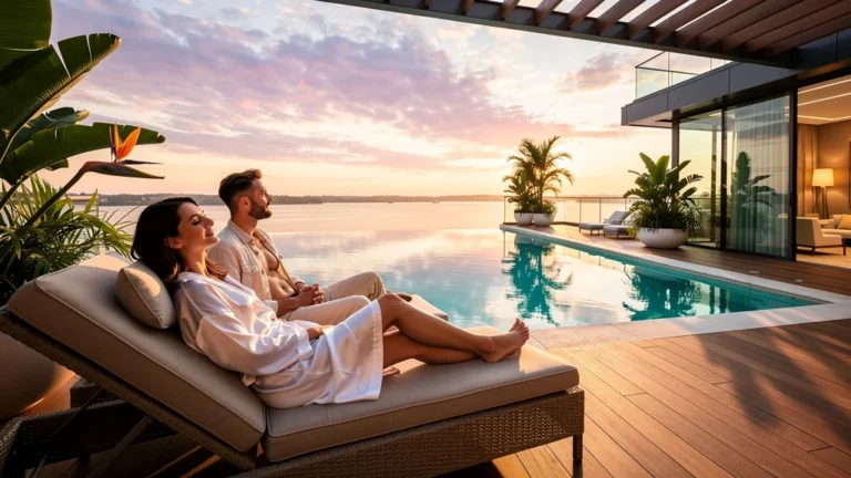 Terrasse d'hôtel-spa près de Nantes avec piscine à débordement au coucher du soleil, ambiance luxe et détente