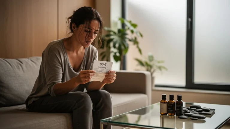 Femme déçue tenant un reçu de 90 € pour un forfait cocooning non lu avant la réservation