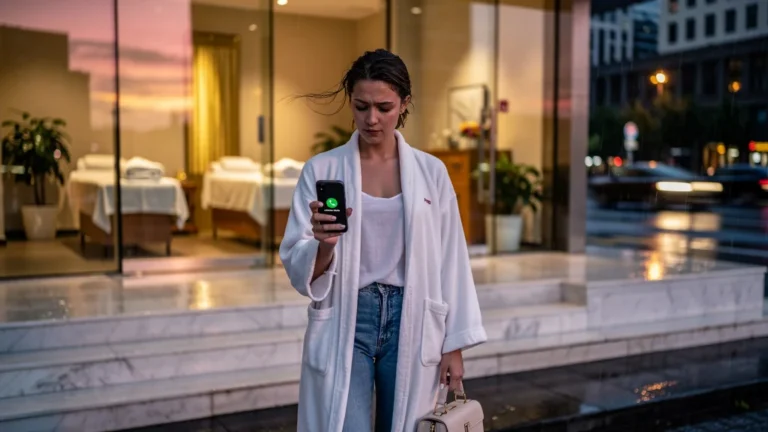 Jeune femme déçue devant spa luxueux à 18h, soirée détente gâchée après dernier soin passé