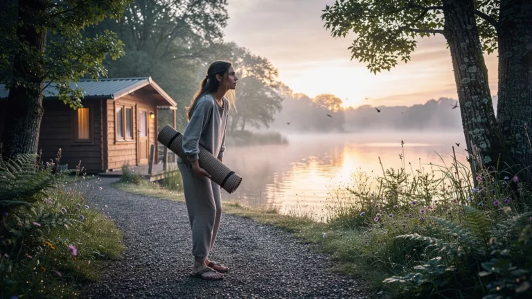 Femme tendue arrive pour retraite yoga près du lac de Grand-Lieu, ambiance paisible et transformative