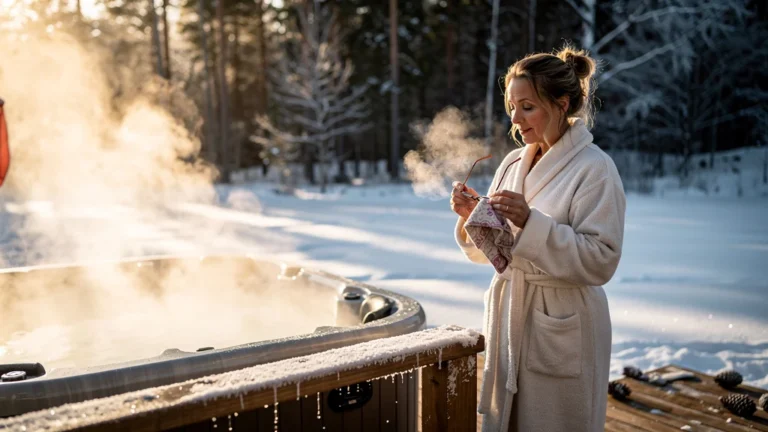 Femme essuyant ses lunettes embuées au bord d’un bain nordique extérieur par un matin glacé d’hiver