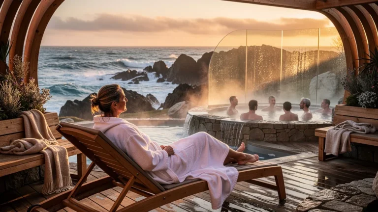 Vue hyper-réaliste d’un spa nordique sur la côte nantaise au coucher de soleil, ambiance détente et bien-être