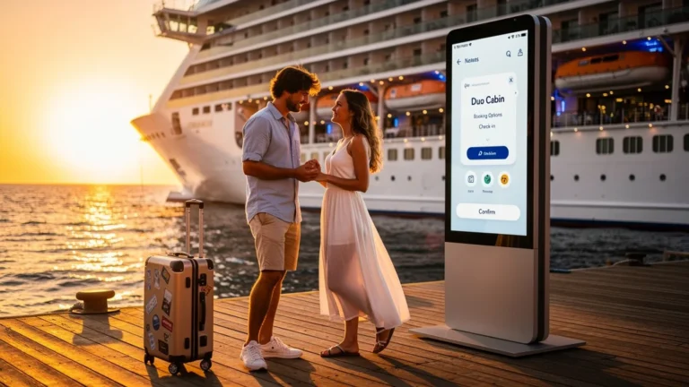 Jeune couple réservant une cabine duo en août devant un navire de croisière au coucher du soleil