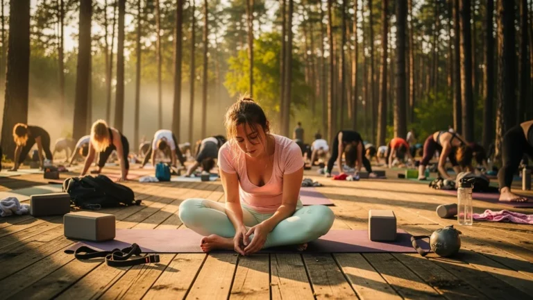Femme épuisée après un week-end yoga trop chargé, illustrant la fatigue au lieu de la détente