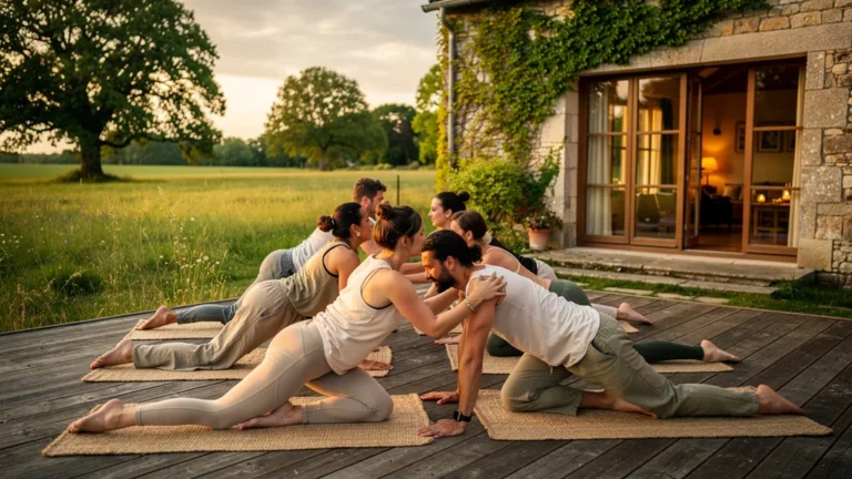 Retraite yoga près de Nantes : groupe en pleine séance paisible au coucher du soleil en pleine nature