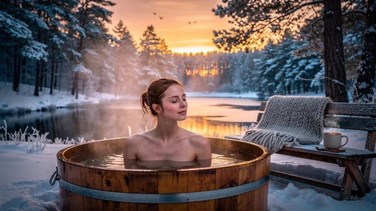 Femme profitant de son premier bain nordique à Missillac en hiver, réconciliée avec le froid