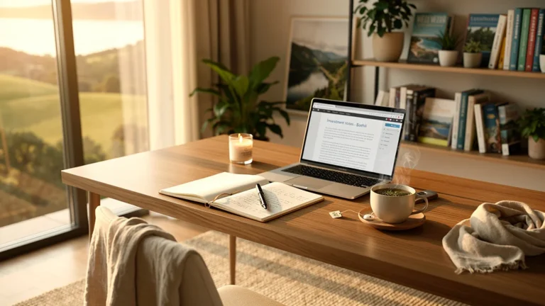 Espace de travail lumineux et moderne pour rédactrice bien-être avant d'investir dans Boehli