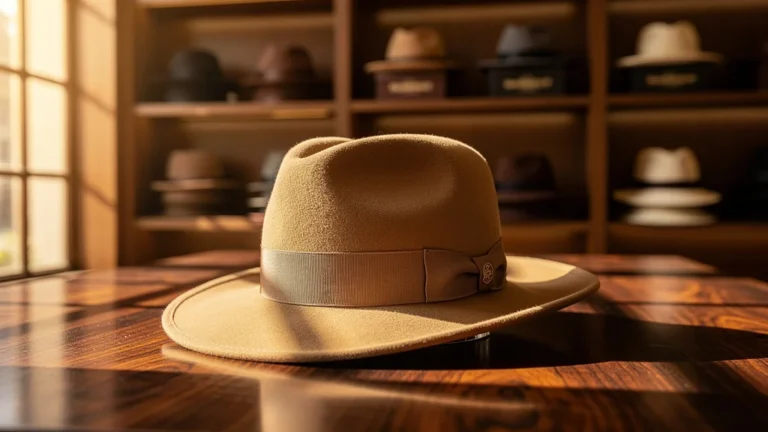 Chapeau Borsalino élégant en feutre camel dans une boutique raffinée à Haguenau, symbole de luxe et savoir-faire