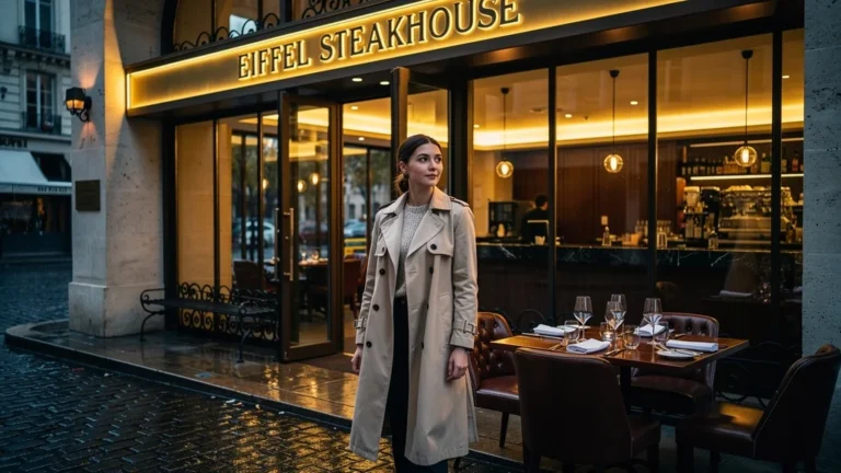 Façade élégante de l'Eiffel Steakhouse à Paris avec une femme de 32 ans dehors, lumière douce au crépuscule