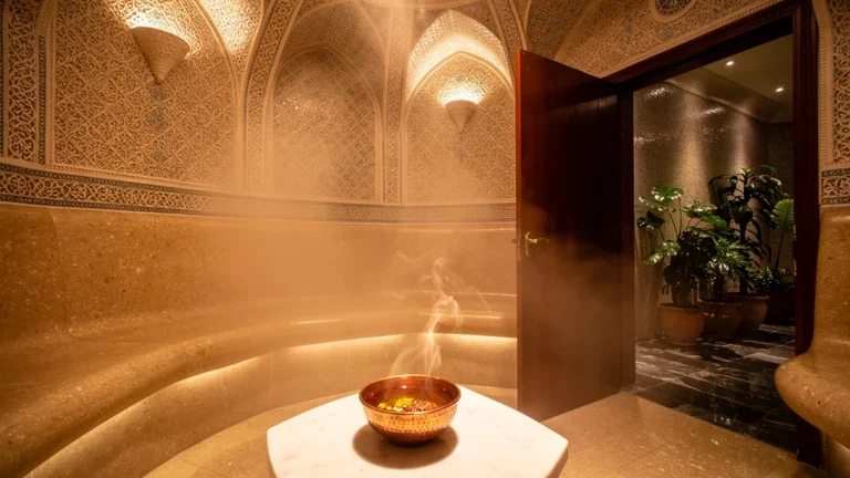 Intérieur d’un hammam sauna à Nantes avec vapeur, lumières chaudes et mosaïques détaillées, ambiance relaxante