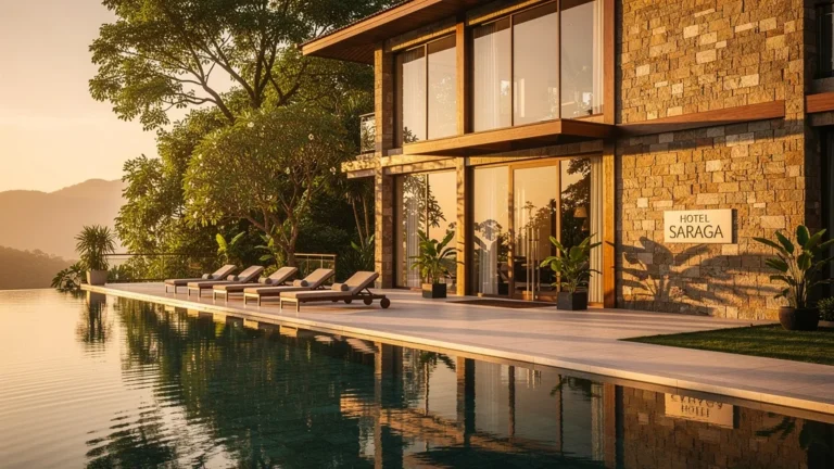 Façade lumineuse et moderne de l'hôtel Saraga au coucher du soleil avec piscine et nature luxuriante