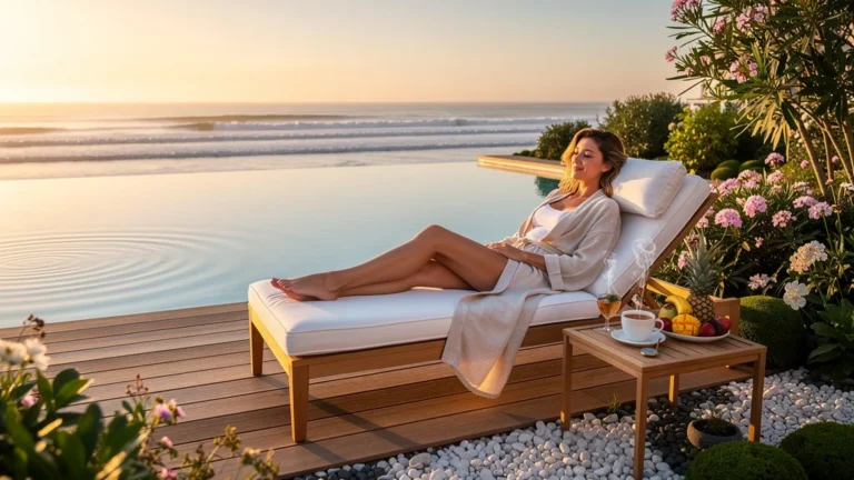Scène spa à La Baule avec femme détendue au bord d'une piscine face à l'océan, ambiance bien-être et luxe naturel