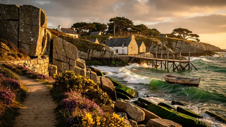 Paysage côtier breton au coucher du soleil illustrant la solidarité des frères bretons