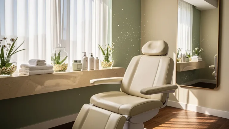 Salle de soins visage en institut vide, lumière naturelle douce, ambiance calme et esthétique épurée