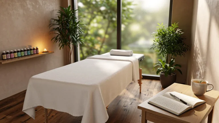 Salle de massage bien-être à Nantes avec ambiance zen et lumière naturelle douce