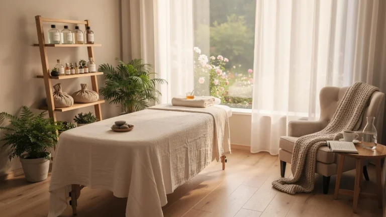 Espace zen pour massage post accouchement avec lumière douce et accessoires bien-être naturels