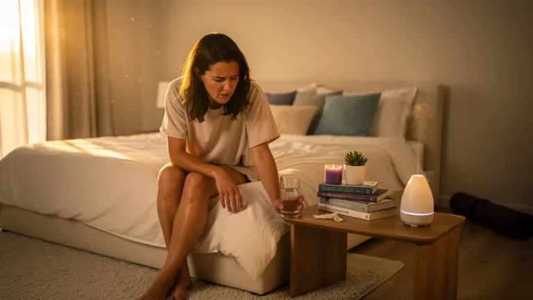 Femme fatiguée après un week-end bien-être trop court, ambiance chambre lumineuse et apaisante
