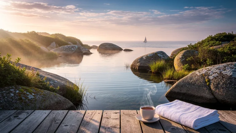 Paysage de bien-être près de Pornic au lever du soleil, ambiance calme et ralentissement du rythme