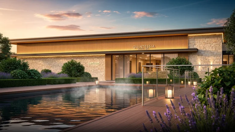 Entrée paisible et luxueuse du Quintessia Hotel Spa Nantes Orvault au coucher du soleil