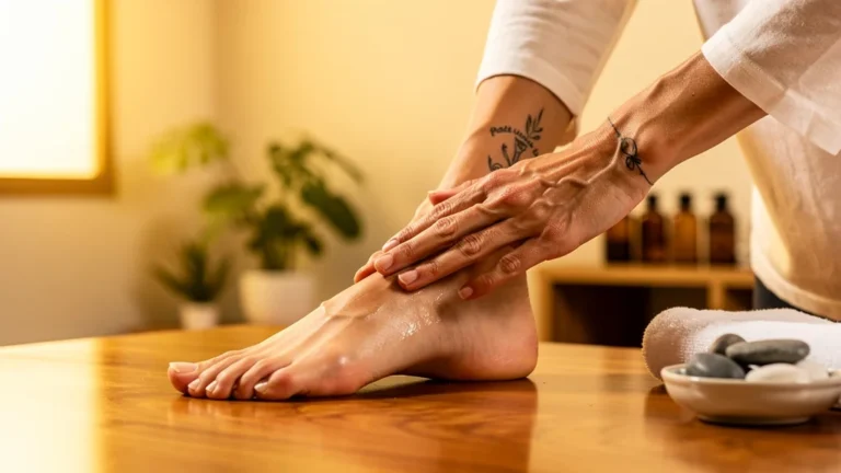 Séance de réflexologie plantaire immersive avec mains expertes sur pied féminin dans un spa lumineux et relaxant