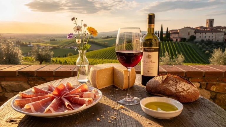 Terrasse ensoleillée avec spécialités gastronomiques de Parma, Prosciutto et Parmigiano, paysage vallonné en arrière-plan