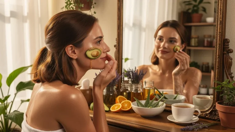 Femme appliquant un soin naturel pour le visage dans un décor lumineux et apaisant, ambiance bien-être
