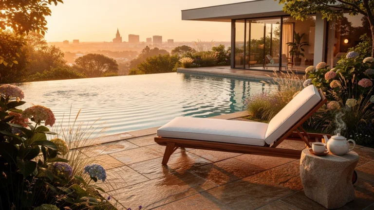 Vue hyper-réaliste d’un spa luxueux en plein air près de Nantes au coucher du soleil pour bien-être local